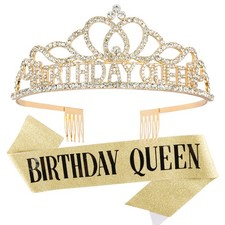 CAVETEE Gold Birthday Crowns and Sash - Queen Tiara for 2 Piece Set,
