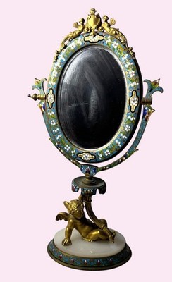 19th Century Gilt bronze Enamel dressing beveled table MIRROR Cherub Mermaid