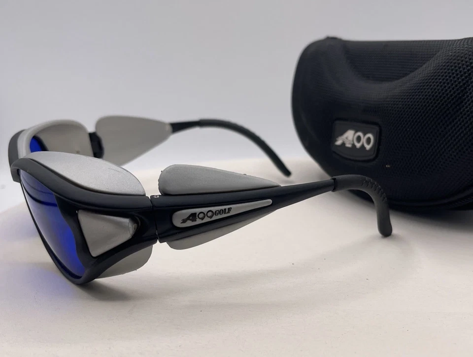 Gafas de sol deportivas de golf A99 lentes azules plateadas negras marco envolvente estuche rígido Foto 4 de 4