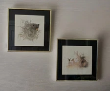 Mads Stafe Danish Artist Framed Matted Wildlife Watercolor Pair • Bear/Deer 13"