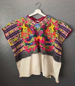 Vintage Handwoven Huipil Guatemala Hand Embroidered Poncho Blouse Floral Birds