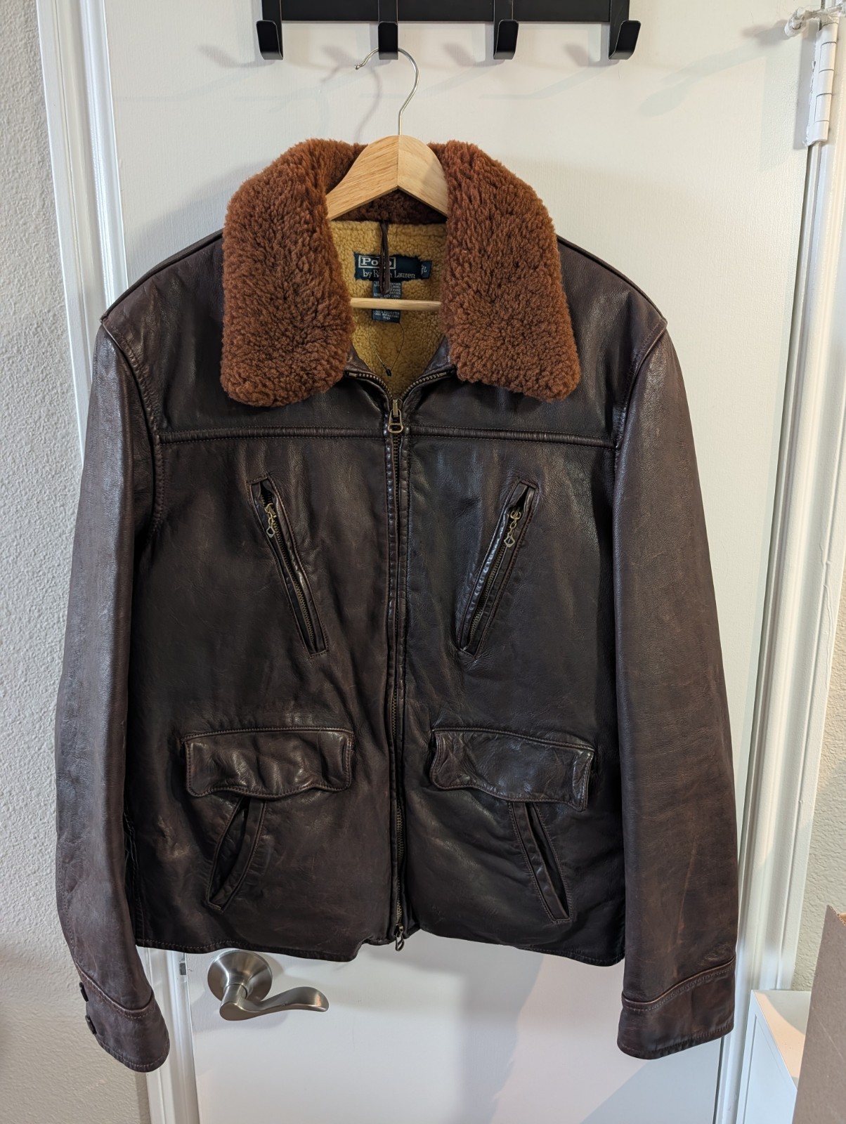 Polo Ralph Lauren Brown Leather Jacket Aviator style wool collar Mens Large L