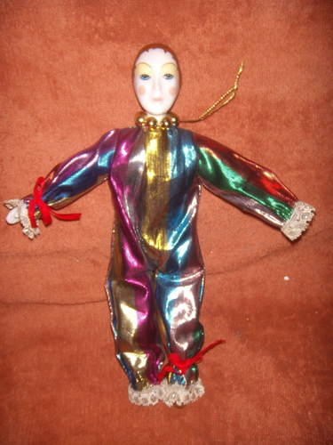 MARDI GRAS MINI Porcelain Clown Harlequin Jester Doll 9"X 4" PORCLAIN