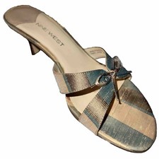 Vintage Nine West Heels 7M US New Maryknoll Open Toe Canvas Bow Comes With/ Box