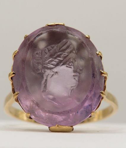 UNIQUE 10K YELLOW GOLD RING w 9ct CARVED AMETHYST - CAMEO - SIZE: 6.5* - Picture 5 of 15