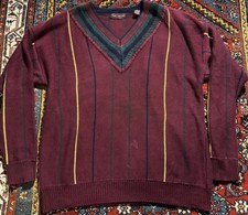 John Ashford Sweater Mens Large V Neck Red Cable Knit Tennis Golf Preppy Vintage