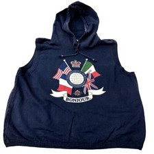 Vtg 80s Bonjour USA Blue Sleeveless Hoodie Sweatshirt Skater Streetwear Shirt XL