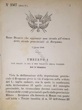 Decree Kingdom of Italy - Adds a road to the list of streets of Bergamo - 1884