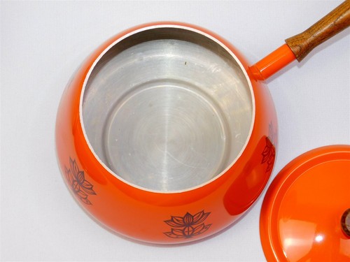Vintage Mid-Century Modern Bright Orange Black Fondue Pot Set Flowers 2Qt - Picture 12 of 16