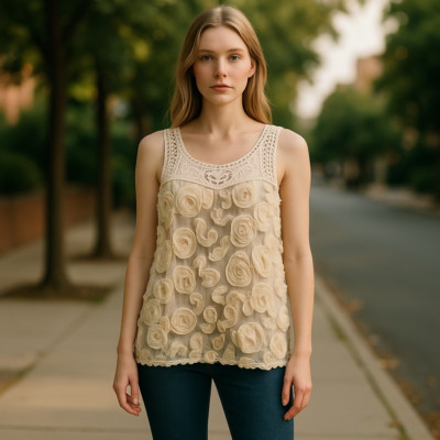 NWT Isabella Rodriguez Ivory 3D Flower Sheer Crochet Sleeveless Top Size Medium