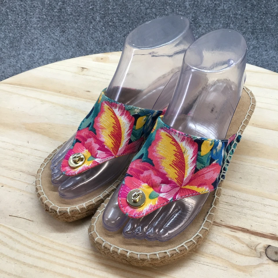 Croft Barrow Sandals Womens 6M Floral Thong Sandal Wedge Heels Pink Green Fabric - Image 3 of 4