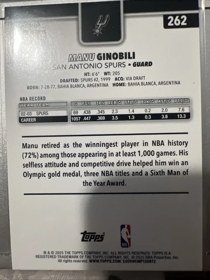 Baloncesto Topps Manu Ginóbili #262 San Antonio Spurs 2025-26 Foto 2 de 2