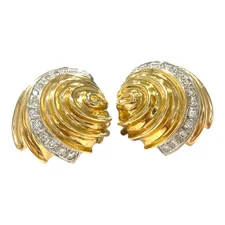 Vintage 14K Yellow Gold Diamond Sea Shell Earrings