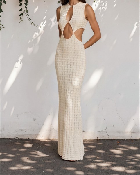 MISHA Esther Ivory Knit Cut-Out Round Neck Sleeveless Maxi Dress M