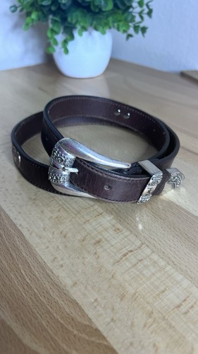 Vtg 90’s Donna Katz Brown Leather Silver Heart Charm Belt Women 32 Waist Western - Picture 1 of 12