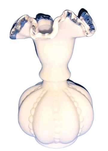Vintage White Fenton Silver Crest Mellon Vase 6.5 inch Tall 4 Inch Wide Nice