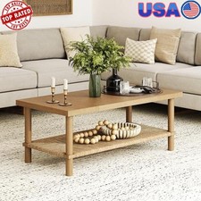 Mid-Century Modern Cocktail Table W/ Seagrass Shelf Living Room Storage New