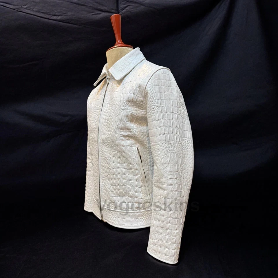 Men's Leather Jacket White Alligator Embossed Crocodile Leather Jacket new - Image 4 of 4