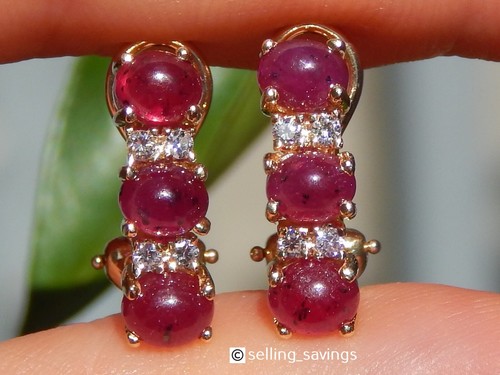 14K YELLOW GOLD EFFY 2.00tcw RUBY CABOCHON DIAMOND 7/10 INCH OMEGA BACK EARRINGS - Picture 6 of 11