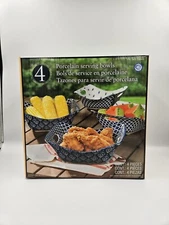 Certified International Set (4) Rectangle Bowls W/Handles Navy/ White Porcelain