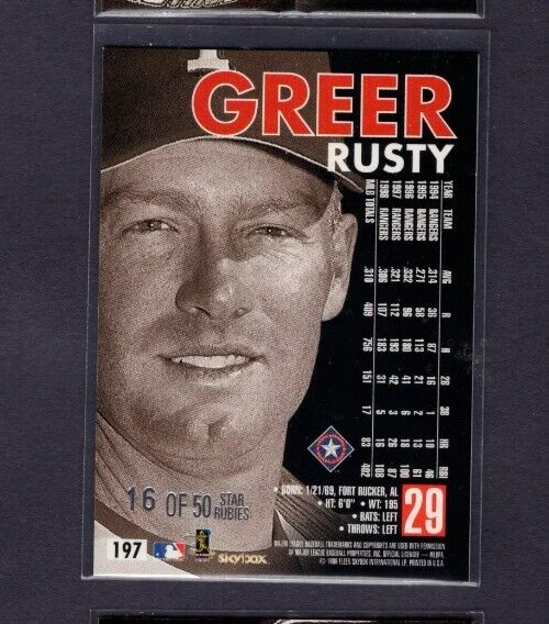 Skybox Premium Star Rubies 1999 paralelo #197 Rusty Greer Rangers raro SP #/50 Foto 2 de 2