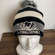 California Republic Bear Pom Pom Knit Cap Snow Ski Beanie Black White