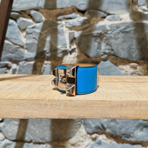 Hermès Zanzibar Blue Palladium HW Collier De Chien Bracelet - Sz T3 - Medium - Picture 5 of 11
