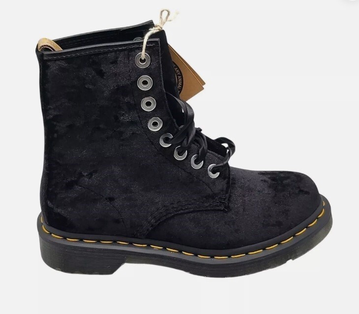 Dr Martens Crushed Velvet Vegan Black Boots Combat Eye Ribbon