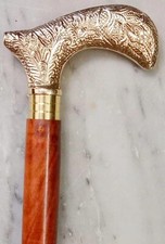 Antique Solid Brass Engraved Head Handle Victorian Wooden Walking Stick Cane