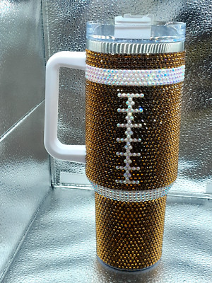 FOOTBALL TUMBLER 40 Oz. BROWN BEDAZZLED  ALUMINUM INTERIOR