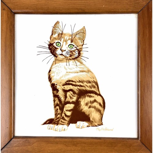 Leinwandhandwerk Katze Kätzchen Untersetzer Fliese Kunst Phyllis Howard Korkrücken Holz gerahmt - Bild 3 von 12