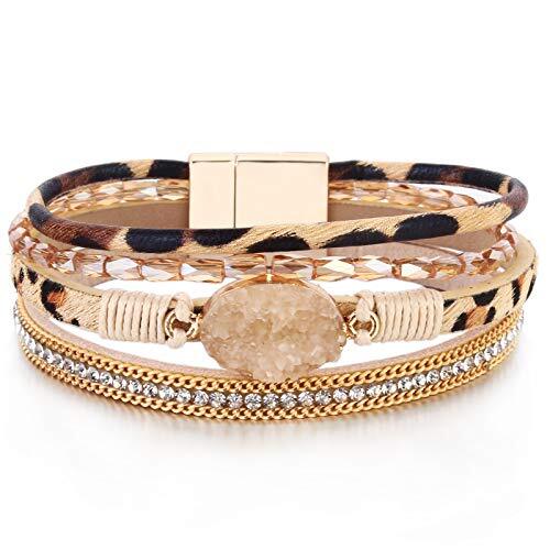Pulseras envolventes de cuero bohemio pulseras de cristal de moda leopardo en capas - Imagen 1 de 6