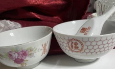 Pair Taiwan porcelain Soup Rice Bowls.  One Ceramic Spoon