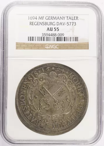1694 MF German States Regensburg Taler Thaler NGC AU55 KM# 203 Dav. #5773