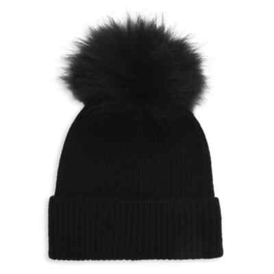 NEW Amicale Cashmere Beanie with Shearling Pom Black One Size NEW Amicale Cashmere Beanie with Shearling Pom Black One  main image 2