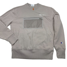 Reverse Weave Champion Sweatshirt Men Medium Beige French Terry Crew Mesh Pocket
