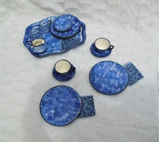 Vintage Child's Blue White Tea Set 14 pcs Tray Cups Plates Saucers Creamer Potte