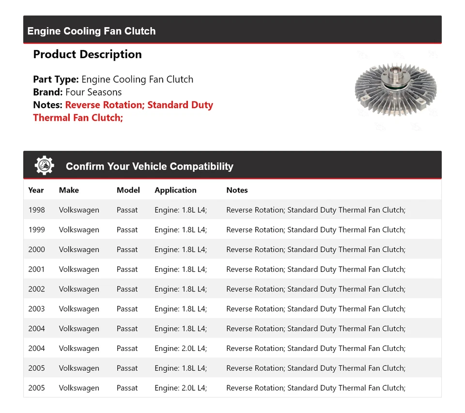 For 1998-2005 Volkswagen Passat Engine Cooling Fan Clutch 4 Seasons 1999 2000 - Image 2 of 4