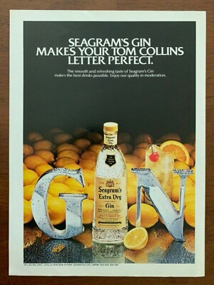 1980s Seagram's Gin Tom Collins Vintage Print Ad/Poster Retro Pop Art Bar Decor 