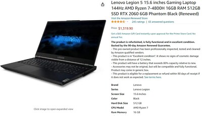 Lenovo Legion 5 15.6 inches Gaming Laptop 144Hz AMD Ryzen 7-4800H