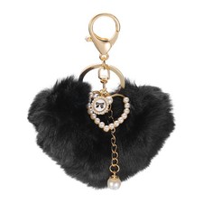 5.3" Heart Plush Keychain, Love Faux Fluffy Purse Charm, Black