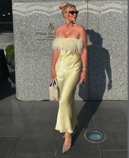 Zara Feathered Long Satin Dress Strapless Yellow Size L REF:2168/002 New