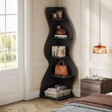 Black Wavy Corner Shelf, Modern 5-Tier Bookshelf Bookcase with Curvy Shape