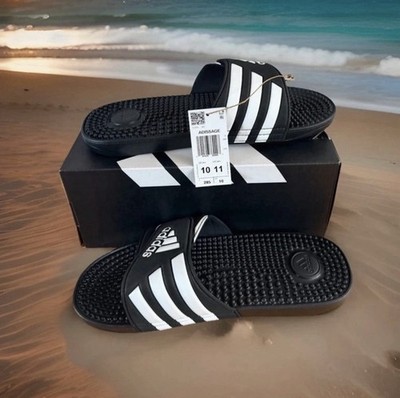 Adidas Adissage Men's Size 10 Slide Sandals. Black/White Stripes. New in Box.