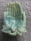 Vintage Nelson McCoy Open Cupped Hands Art Pottery Trinket Dish Aqua Preowned