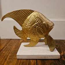 Vintage Metal Angel Fish Statue on White Wood Base | Coastal Nautical Decor