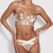 SET Bordelle Tomoe Bodice Bra + Harness Brief Caramel strappy mesh 24k L Large