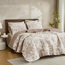 Floral Cotton Quilt King Size Stitch Bedding Set, Taupe Lightweight Comforter Ca