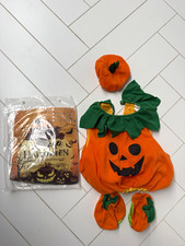 Halloween Pumpkin Costume Complete Outfit 110cm-120cm Orange/Green Kids