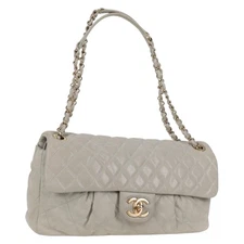 CHANEL Matelasse Chain Shoulder Bag Leather Gray Gold CC Auth yk18905V